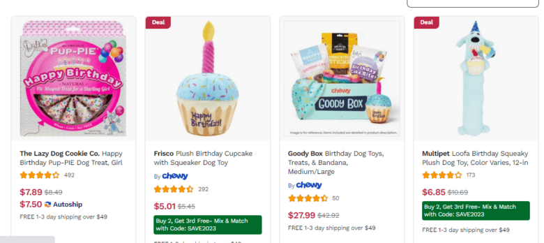 Chewy.com category page. Product listings include original price of sale item crossed out next to sale price.