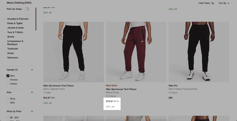 Nike category page. Highlighted is an individual product listing price, followed by a discount percentage: $72.97. 36% off.