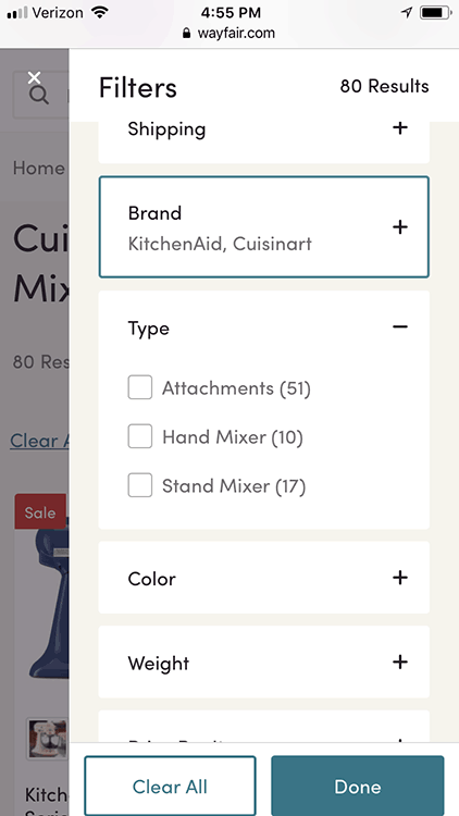 Wayfair mobile screenshot of possible filters in a modal. At the top text states 80 results. Five accordion-style sections are visible: Shipping, Brand, Type, Color, Weight. 