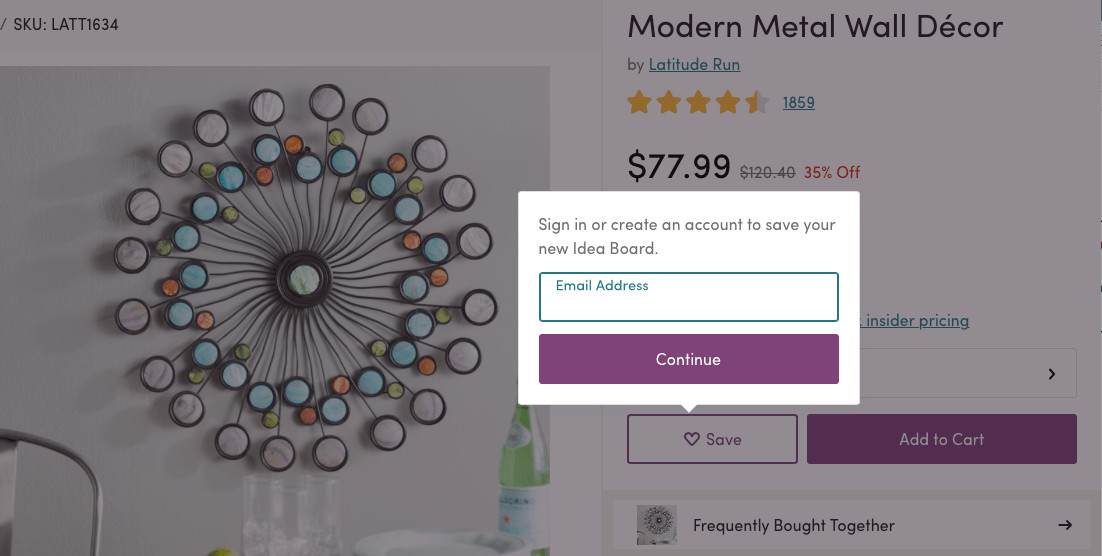 Product Page Design: Wishlists A product detail screenshot. Beside the Add to cart button is a save button. A menu extends upward from the save button with the text: Sign in or create an account to save your new Idea board.