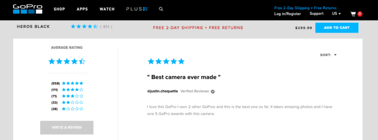 Go Pro Review conception  for Hero5 with 558 5  prima  reviews, 111 4  star, 71 3  star, 33 2  star, and 38 1  star. 