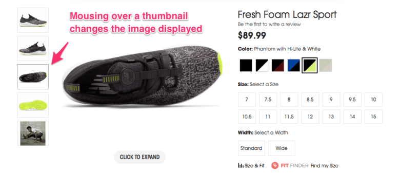 Screenshot of a product detail. Five photographs of the product in a vertical column on the left. An arrow pointing to one of them is labeled: Mousing over a thumbnail changes the image displayed.