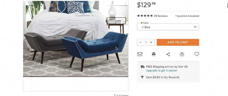A gif of a website scrolling. At the top a navigation bar stays fixed in position with information about the product including the price and the six sections of the current page: product overview, product information, technical details, delivery & returns, Reviews, Questions & Answers.