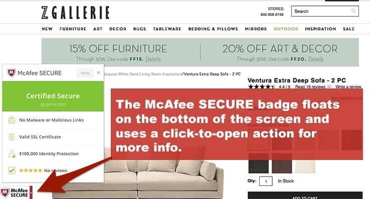 Zgallerie homepage. The McAfee secure seal is at the bottom left of the page. An open menu above the seal titled McAfee Secure displays the text: Certified Secure at the top. Below text states: No malware or malicious links, valid S S L certificate, 0,000 identity protection, no reviews. An arrow pointing to the seal is labeled: The McAfee Secure badge floats on the bottom of the screen and uses a click-to-open action for more info. 