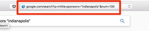 Circled U R L: google.com/search?q=intitle:sponsors+"Indianapolis"&num=100. 