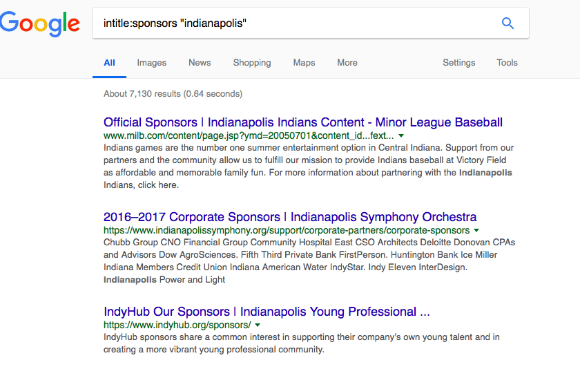 Three Google Search result organizations for intitle:sponsors "Indianapolis" as follows: Minor League Baseball, Indianapolis Symphony Orchestra, Indianapolis Young Professional?. 