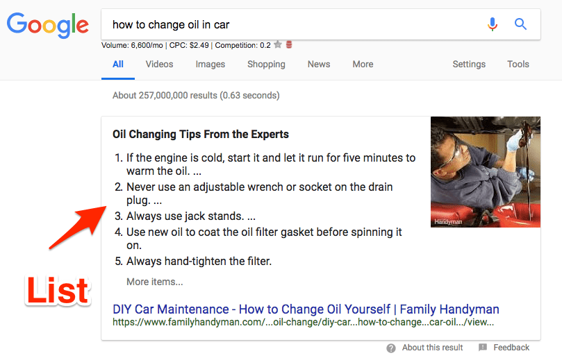 Google search result for how to change oil in car. A featured snipped in the results labeled "list" and titled "Oil changing tips from experts" consists of 5 points in a numbered list from Familyhandyman.com.