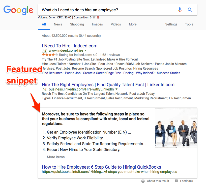 Google search result for What do I need to do to hire an employee? A section in the results labeled "Featured snippet" and beginning with the text "Moreover, be sure to have the following steps in place so that your business is compliant with state, local and federal regulations" consists of 4 points in a numbered list from QuickBooks.