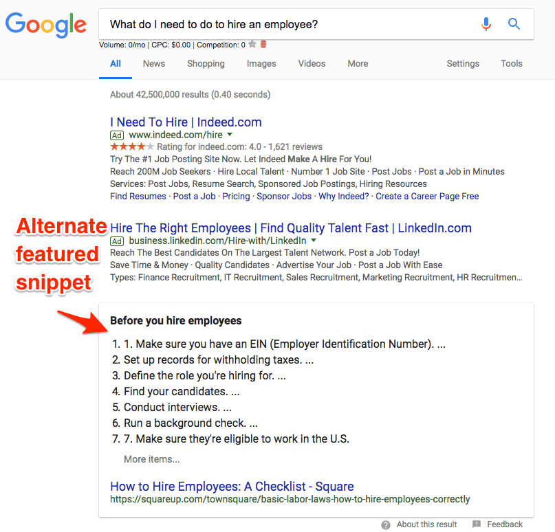 Google search result for What do I need to do to hire an employee? A section in the results labeled "Alternate featured snippet" and titled "Before you hire employees" consists of 7 points in a numbered list from SquareUp.com