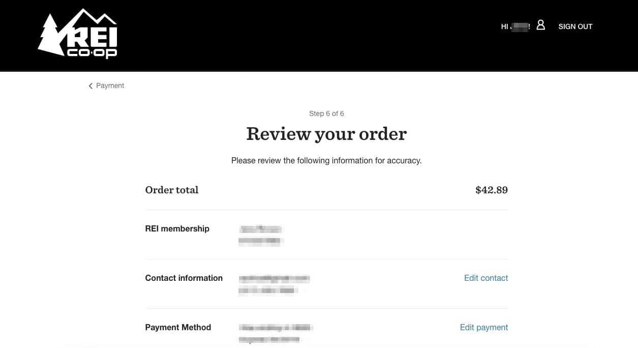 ecommerce cart R E I review your order page. Page includes information for: order total, R E I membership, Contact information, Payment method.
