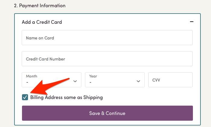 ecommerce cart Payment information screenshot. An arrow points to a checked checkbox near the bottom labeled: Billing address same as shipping.