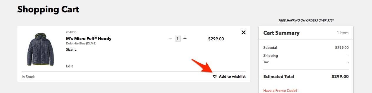 Shopping cart screenshot. At the bottom right of the product information an arrow points to text stating: Add to wishlist. 