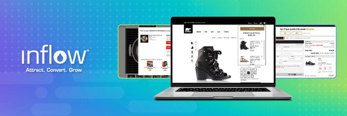 Webpage screenshots from eCommerce shopping sites. Main page advertises a heeled black boot.