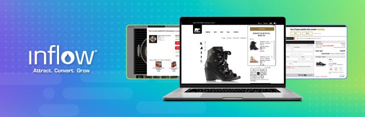 Webpage screenshots from eCommerce shopping sites. Main page advertises a heeled black boot.