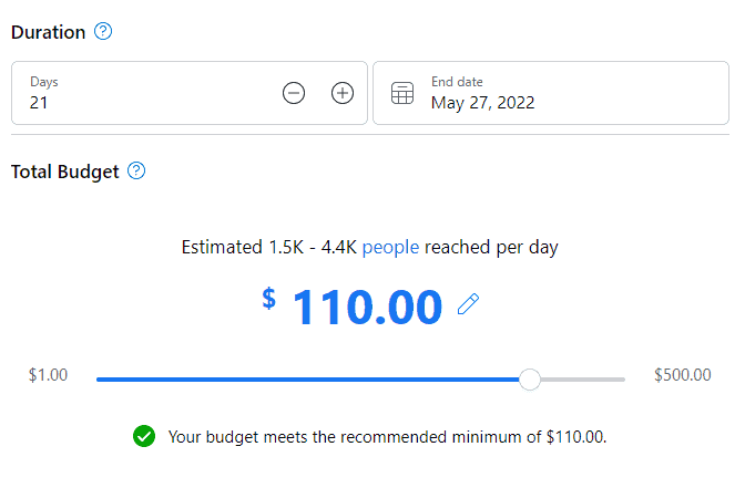 Facebook estimate for a 21 day ad with a total budget of $110.00. Estimated reach is 1,500 to 4,400 people reached per day.
