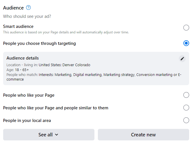 Facebook screenshot, showing Audience options. Options are Smart audience, People you choose through targeting, People who like your page, People who like your page and people similar to them, people in your local area.