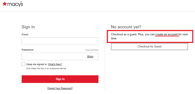 Macy's checkout page. Sign In prompt with email and password boxes. No account yet? Checkout as a guest. Plus, you can create an account for next time.