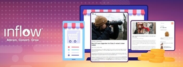 Screenshots of two buying guide articles overlaid on an illustrated desktop computer screen. Logo: Inflow. Attract. Convert. Grow.