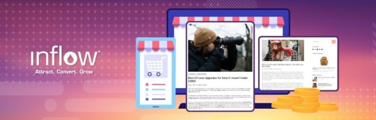 Screenshots of two buying guide articles overlaid on an illustrated desktop computer screen. Logo: Inflow. Attract. Convert. Grow.