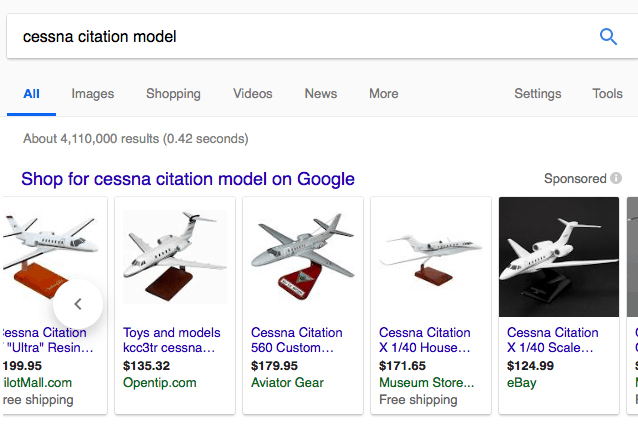 Google search results for cessna citation model. Horizontal row of shopping ads at the top. The third ad is from Aviator Gear. 