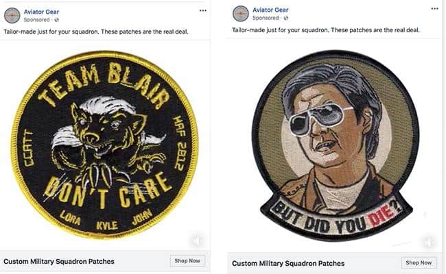Two Aviator Gear Facebook ads for Badges. 