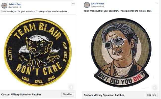 Two Aviator Gear Facebook ads for Badges. 