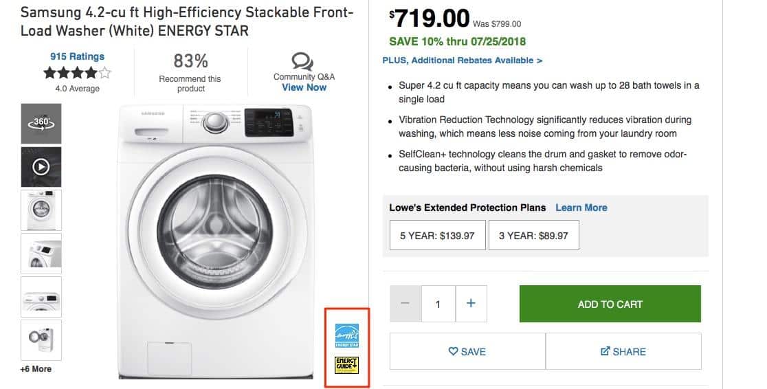 Product detail of a washer screenshot. The Energy Star and Energy Guide badges are circled.  