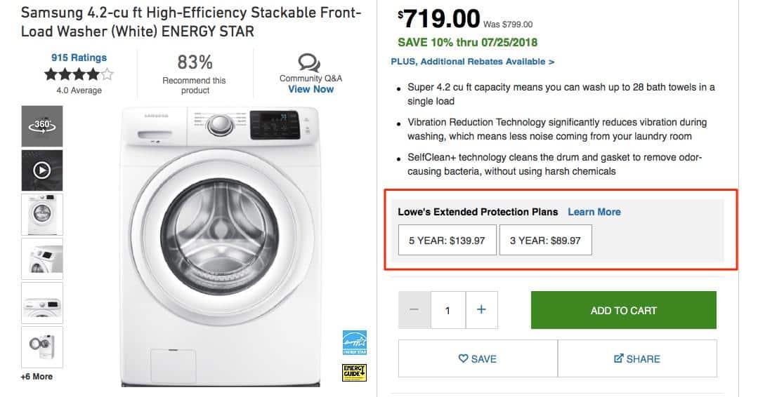 Product detail of a washer screenshot. The extended protection plans section is circled.  