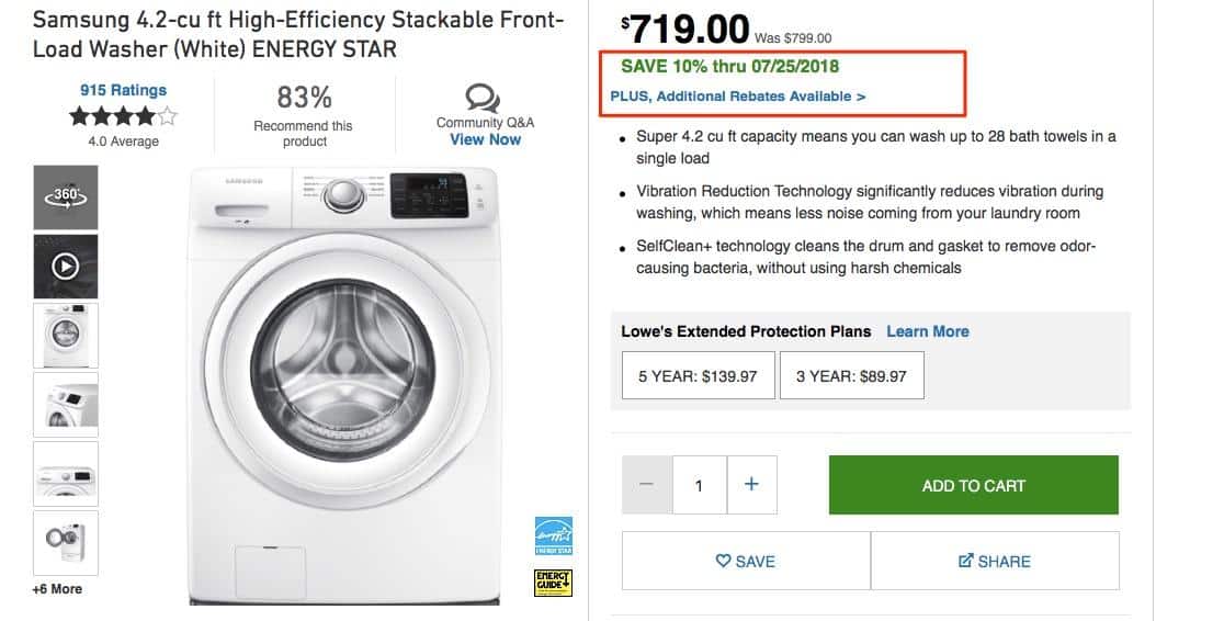 Product detail of a washer screenshot. The text beneath the price: "Save 10% thru 07/25/2018. Plus, Additional Rebates available" is circled.  