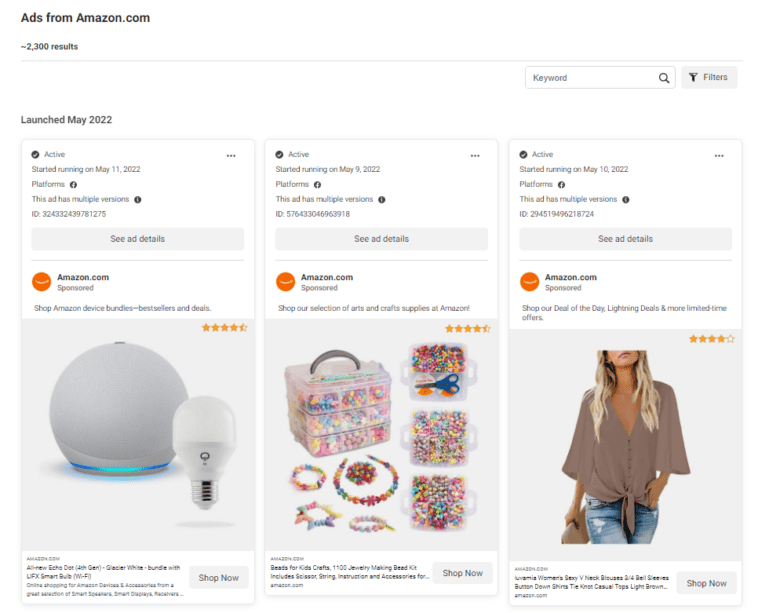 Screenshot of Amazon.com's Facebook Ad Library, showing three examples of ads launched in May 2022.