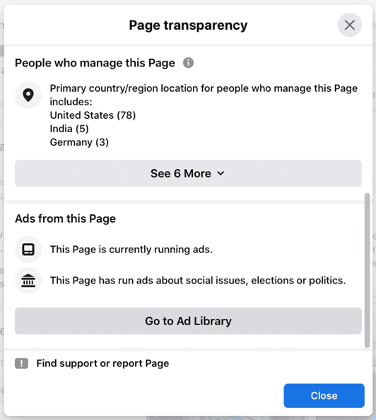 Screenshot of Amazon.com Facebook page's "Page Transparency" details. People who manage this page. Ads from this page. Go to Ad Library.