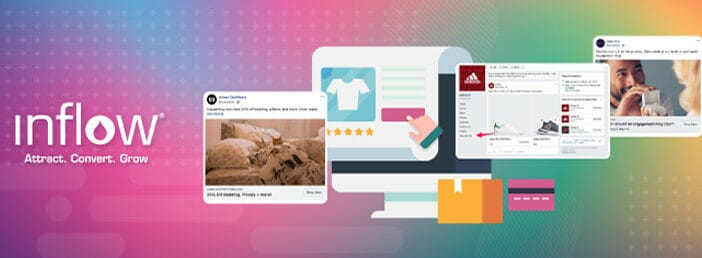 Screenshots of Facebook Ad examples from eCommerce brands. Logo: Inflow. Attract. Convert. Grow.