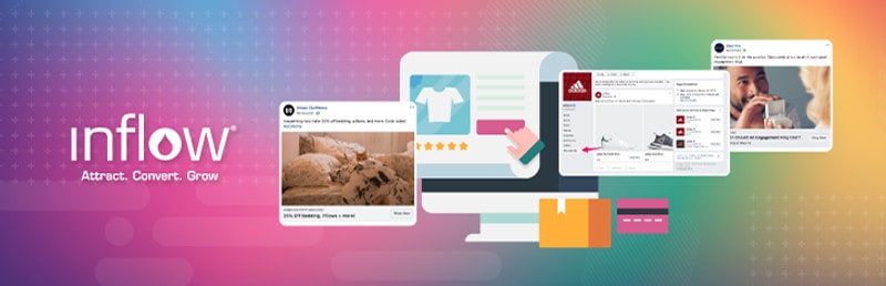 Screenshots of Facebook Ad examples from eCommerce brands. Logo: Inflow. Attract. Convert. Grow.