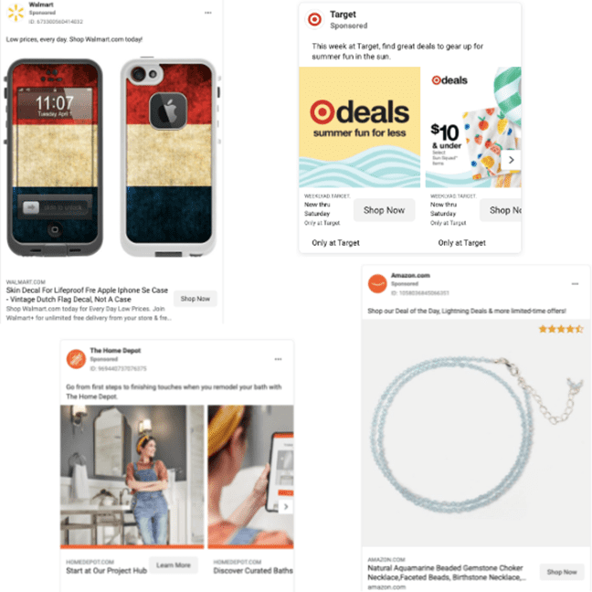 Four Facebook Ad screenshots from Walmart, Target, The Home Depot, and Amazon.com.
