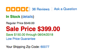 A screenshot of a product price and details. First line: 4.5 stars, 36 reviews with a link. Next line: In stock (details). Next line: Regular price 9.00. Next line: Sale price 9.00. 