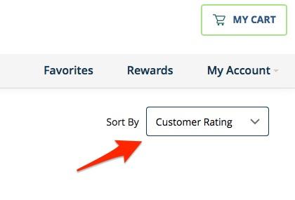 A screenshot of a website. An arrow points to an options box labeled Sort by. Customer rating is selected. 