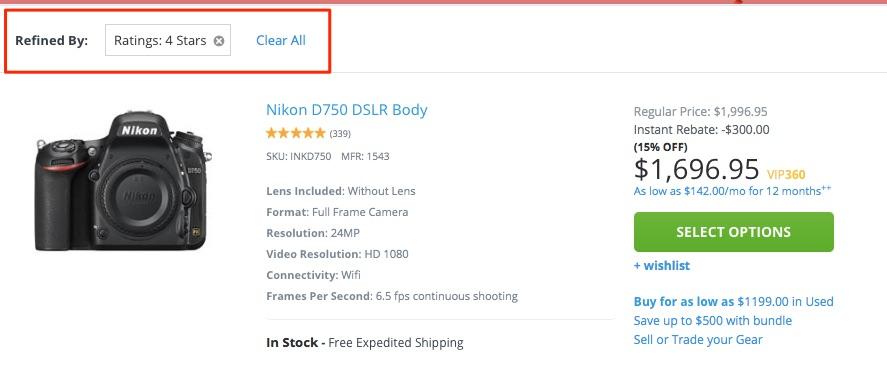 ecommerce product reviews A product detail screenshot. A circled section in the top left with text: "Refined by" followed by a box with the text: Ratings: 4 stars.
