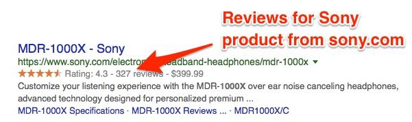 ecommerce product reviews A Google search result titled Reviews for Sony product from sony.com. Beneath the U R L for sony.com, a Rating with the number of stars and number of reviews.