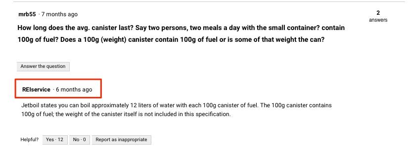 ecommerce product reviews Question by a customer screenshot. The question was asked 7 months ago. The answer, by R E I service was provided 6 months ago.