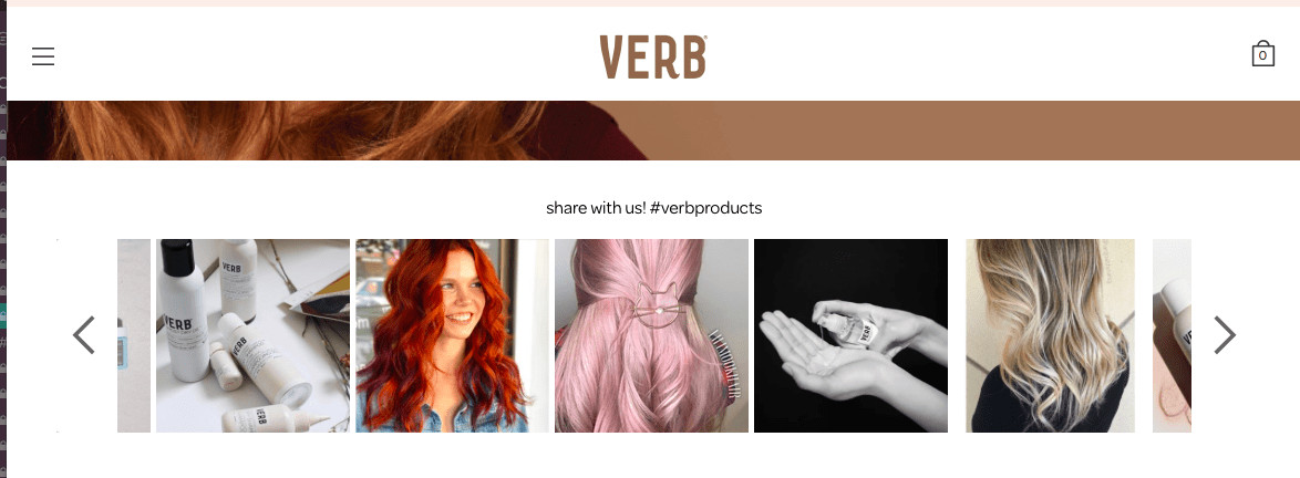 ecommerce product reviews Verb website. A carousel near the top of the page titled: share with us! #verbproducts.