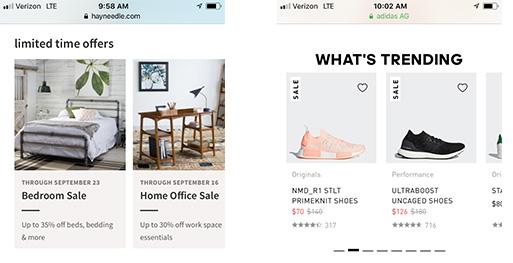 hayneedle.com and Adidas mobile screenshots. The left screenshot for hayneedle.com displays categories for Bedroom sale and Home office sale horizontally under the title Limited Time offers. The right screenshot for adidas displays individual sale products horizontally under the title What's trending.