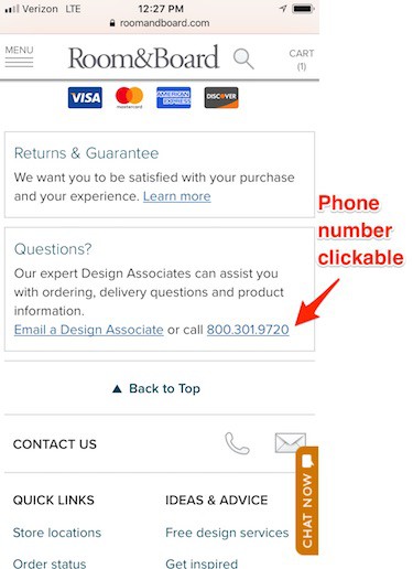 Room & Board mobile website screenshot. Under a section titled Questions? are two options to email a design associate and a phone number. An arrow pointing to the number is labeled Phone number clickable. 