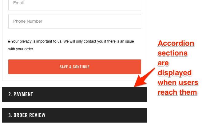 Mobile website checkout screenshot. Top section is expanded. Below are two sections labeled 2. Payment, 3. Order review. An arrow pointing to 2. payment is labeled accordion sections are displayed when users reach them. 