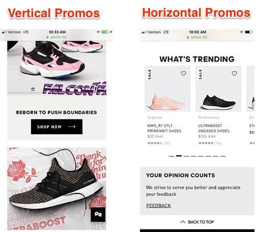 Two Adidas Mobile screenshots. The left screenshot labeled Vertical Promos displays individual products vertically. The right screenshot labeled Horizontal Promos displays individual products horizontally.