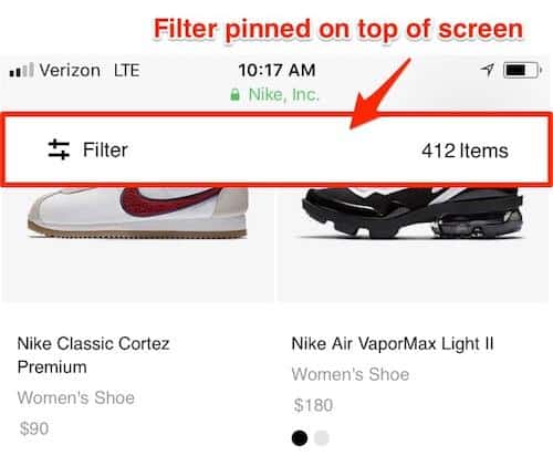 Nike mobile website screenshot. Two products are displayed. Hovered over the products is a filter feature. Arrow pointing to the feature labeled Filter pinned on top of screen. 