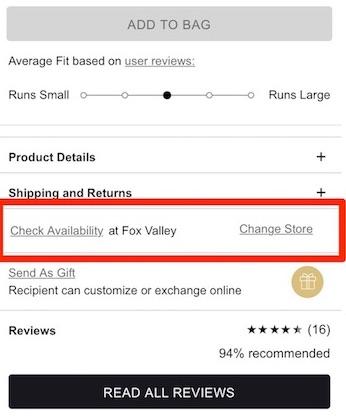 Mobile screenshot of product details. Beneath, circled text states: Check Availability at Fox Valley. Change Store. Check availability and Change store are links. 