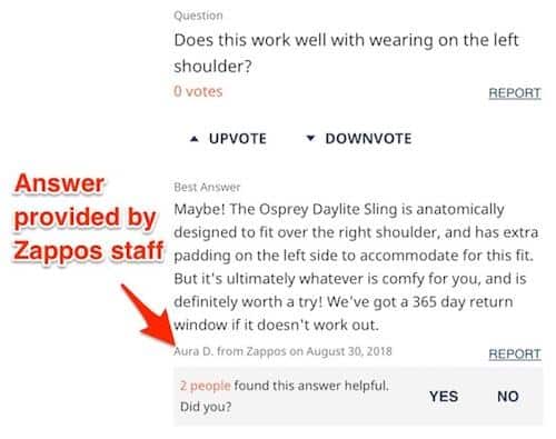 A screenshot of a user question with text: Does this work well with wearing on the left shoulder? The best answer is provided by Zappos staff. 