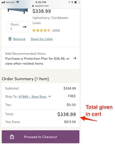 Order summary screenshot. Text states: Subtotal: 8.99. Ship To: Free. Tax: alt=