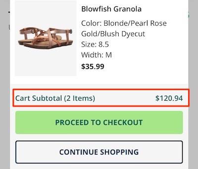 Order summary screenshot. Circled text states: Cart subtotal (2 items) 0.94. Two buttons below labeled Proceed to Checkout and continue shopping. 