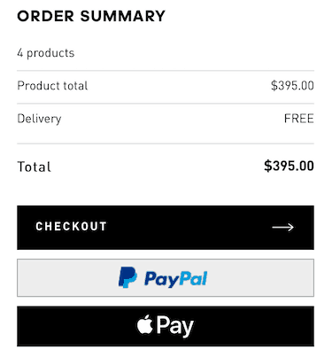 Order summary screenshot. At the bottom are three buttons labeled: Checkout, PayPal and Apple Pay. 